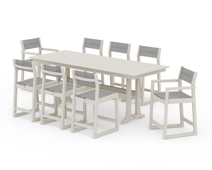 POLYWOOD® EDGE Sling 9-Piece Farmhouse Counter Set with Trestle Legs in Sand / Metallic Sling