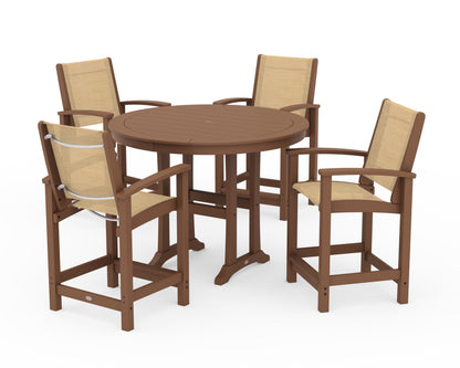 POLYWOOD® Coastal 5-Piece Counter Set in Teak / Dupioni Apricot Sling