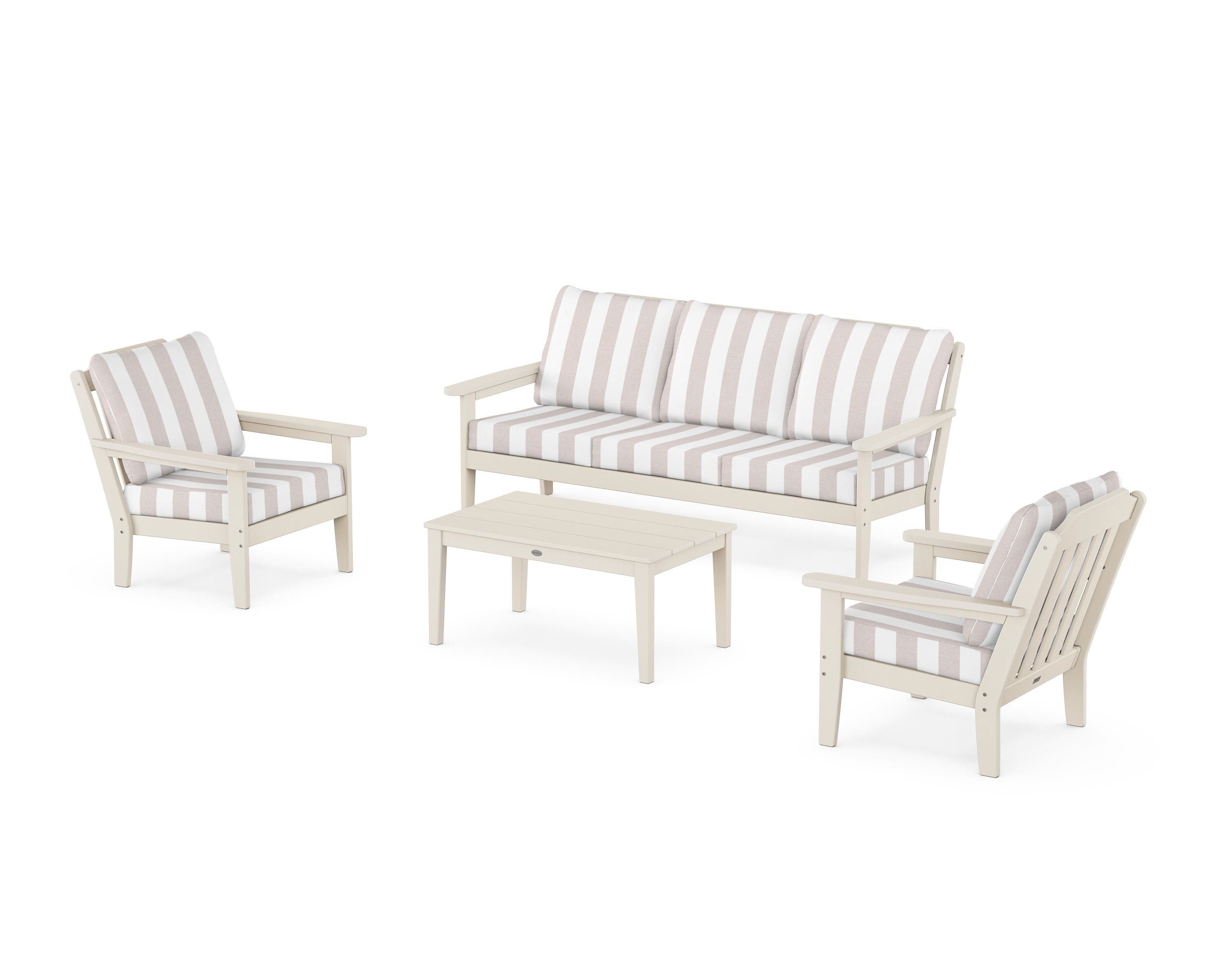 Country Living Cottage 4-Piece Deep Seating Set with Sofa in Sand / Cabana Stripe Dune Burlap