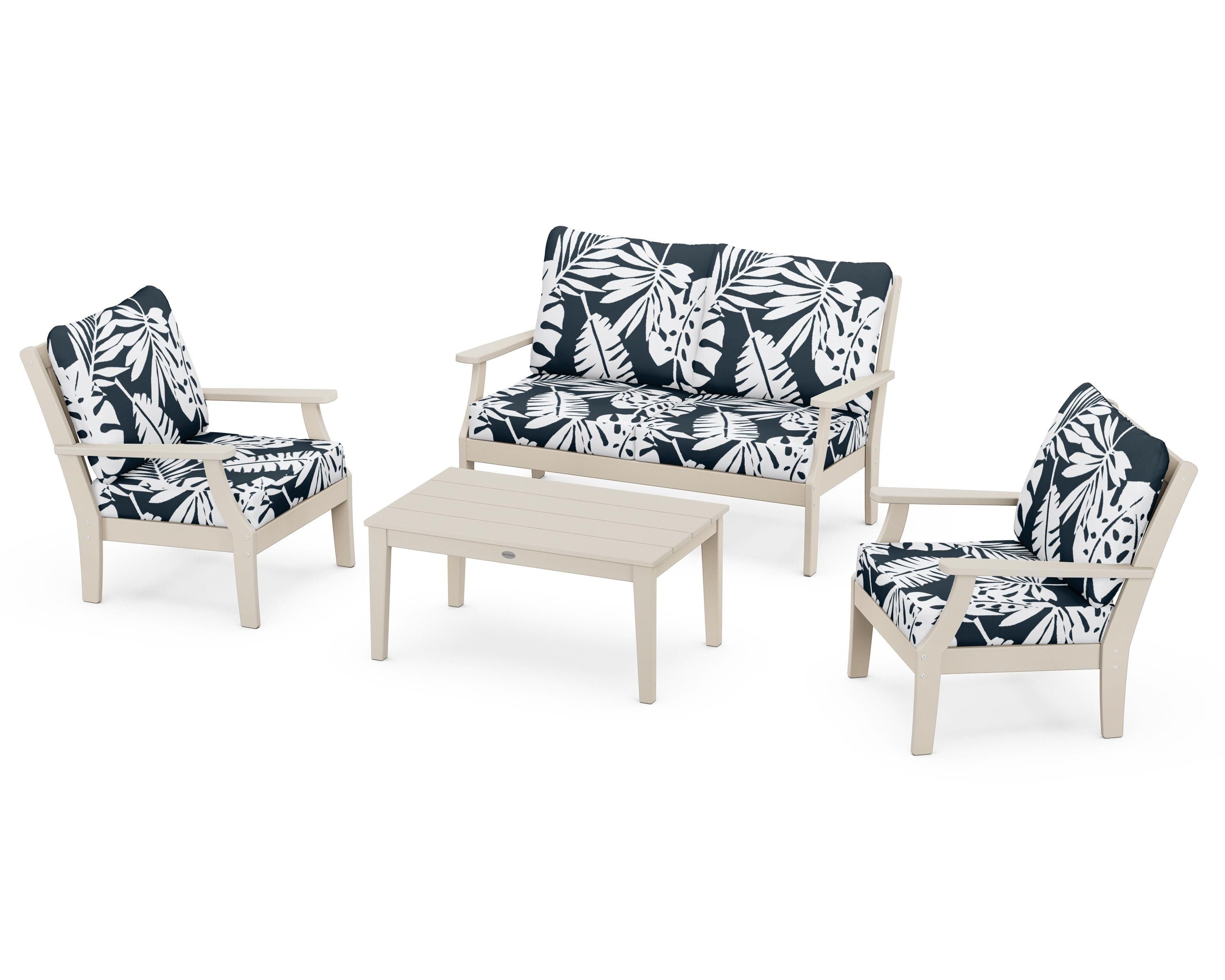 POLYWOOD® Braxton 4-Piece Deep Seating Chair Set in Sand / Leaf Marine Indigo