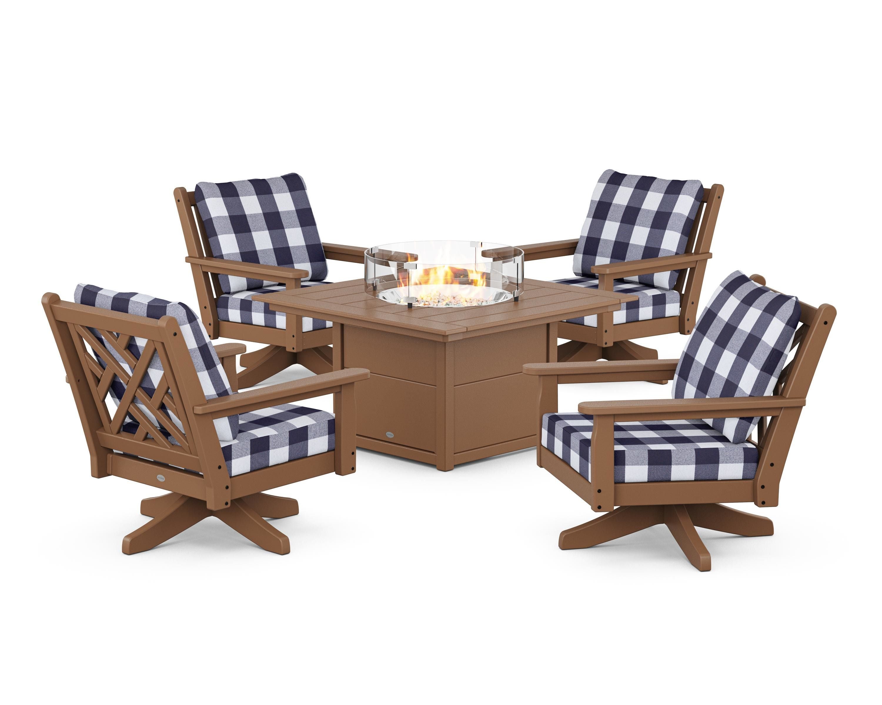 POLYWOOD® Chippendale 5-Piece Deep Seating Swivel Conversation Set with Fire Pit Table in Teak / Buffalo Plaid Navy