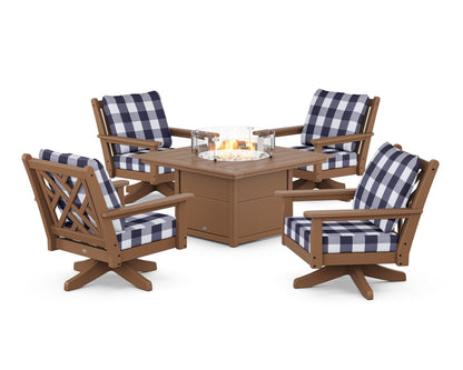 POLYWOOD® Chippendale 5-Piece Deep Seating Swivel Conversation Set with Fire Pit Table in Teak / Buffalo Plaid Navy