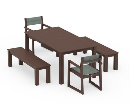 POLYWOOD® EDGE Sling Arm Chair 5-Piece Parsons Dining Set with Benches in Mahogany / Dupioni Sea Mist Sling