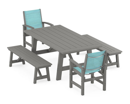 POLYWOOD® Coastal 5-Piece Rustic Farmhouse Dining Set With Benches in Slate Grey / Dupioni Aquamarine Sling