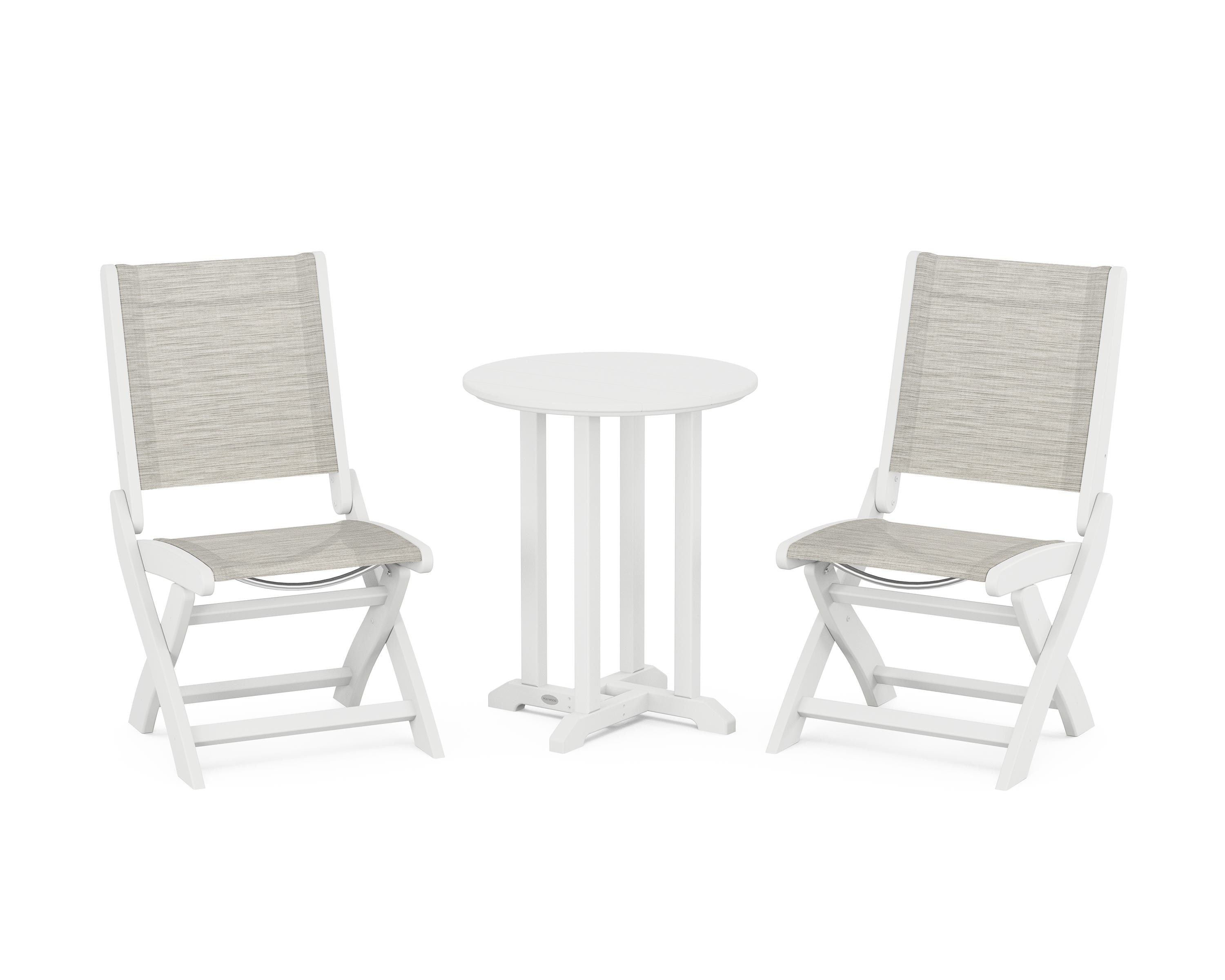 POLYWOOD® Coastal Folding Side Chair 3-Piece Round Bistro Dining Set in White / Birch Sling
