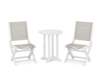 POLYWOOD® Coastal Folding Side Chair 3-Piece Round Bistro Dining Set in White / Birch Sling