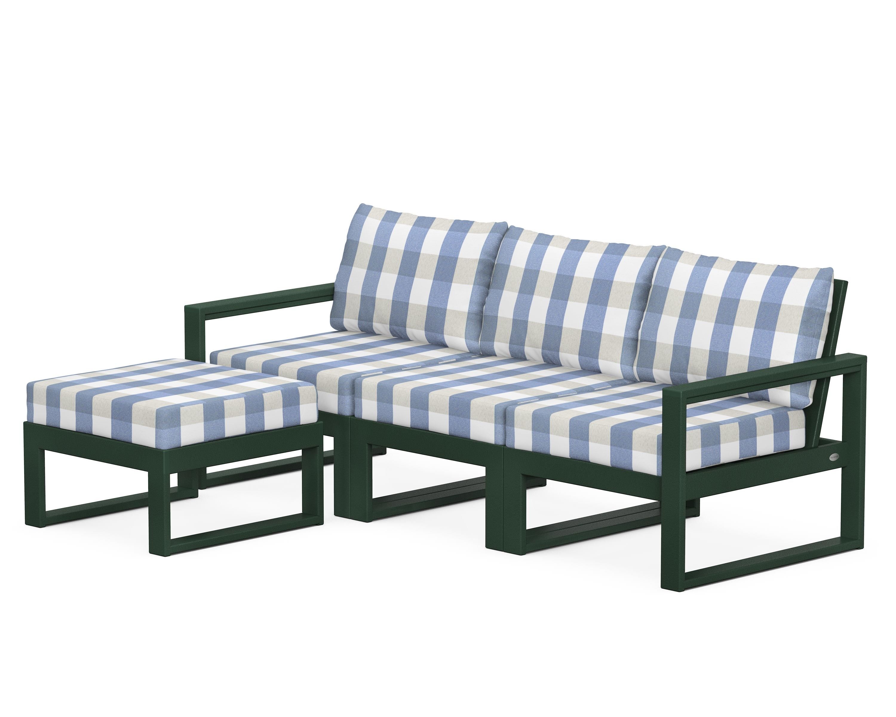 POLYWOOD® EDGE 4-Piece Modular Deep Seating Set with Ottoman in Green / Buffalo Plaid Sky Blue