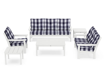 POLYWOOD® Vineyard 6-Piece Deep Seating Set in White / Buffalo Plaid Navy