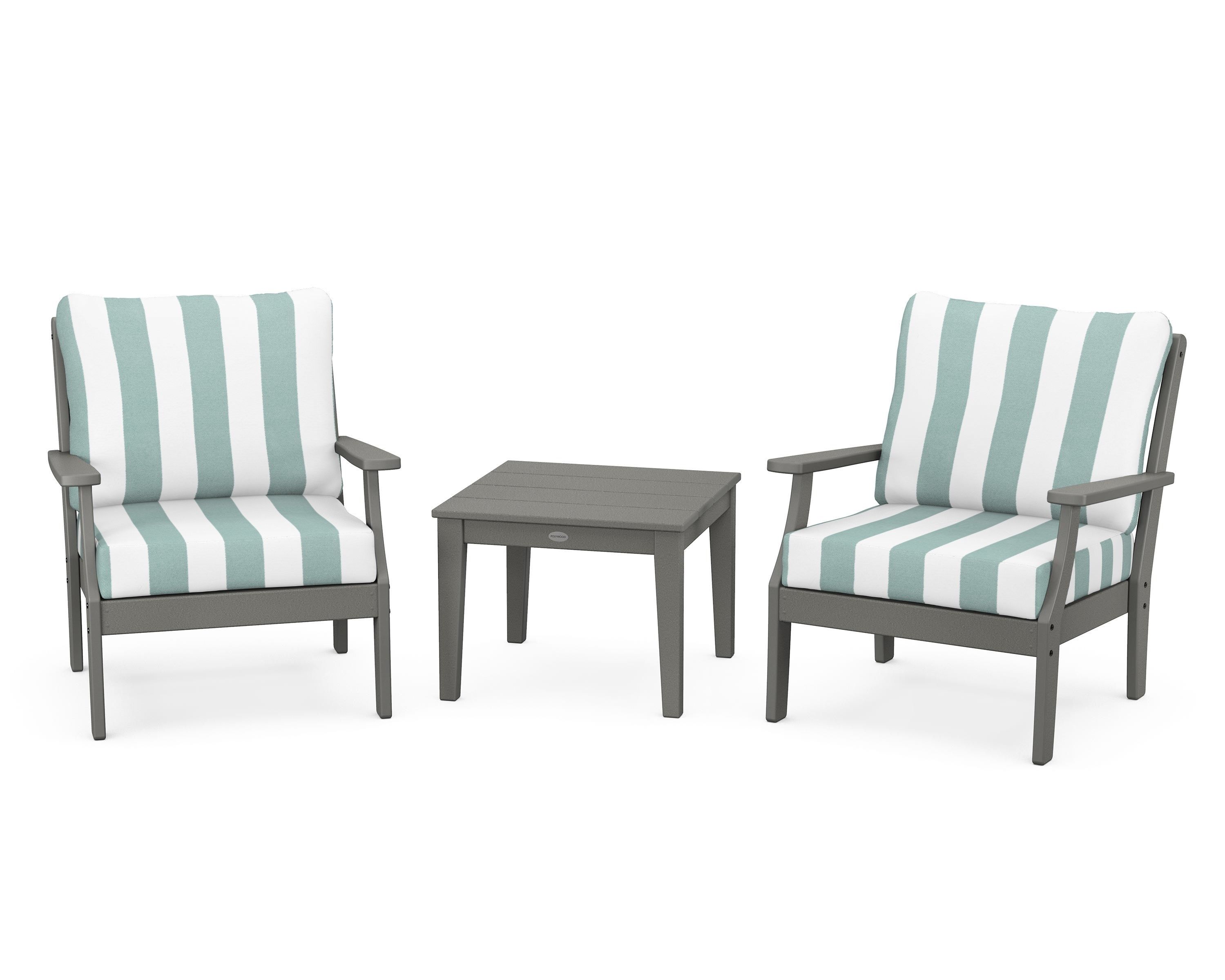 POLYWOOD® Braxton 3-Piece Deep Seating Set in Slate Grey / Cabana Stripe Glacier Spa