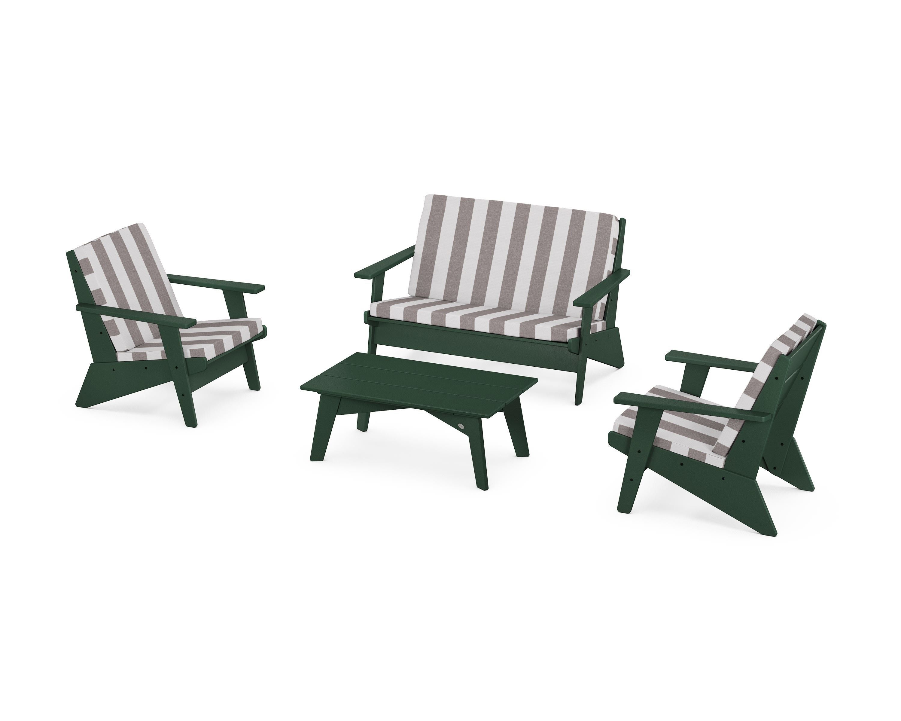 POLYWOOD® Riviera Modern Lounge 4-Piece Set in Green / Cabana Stripe Grey Mist