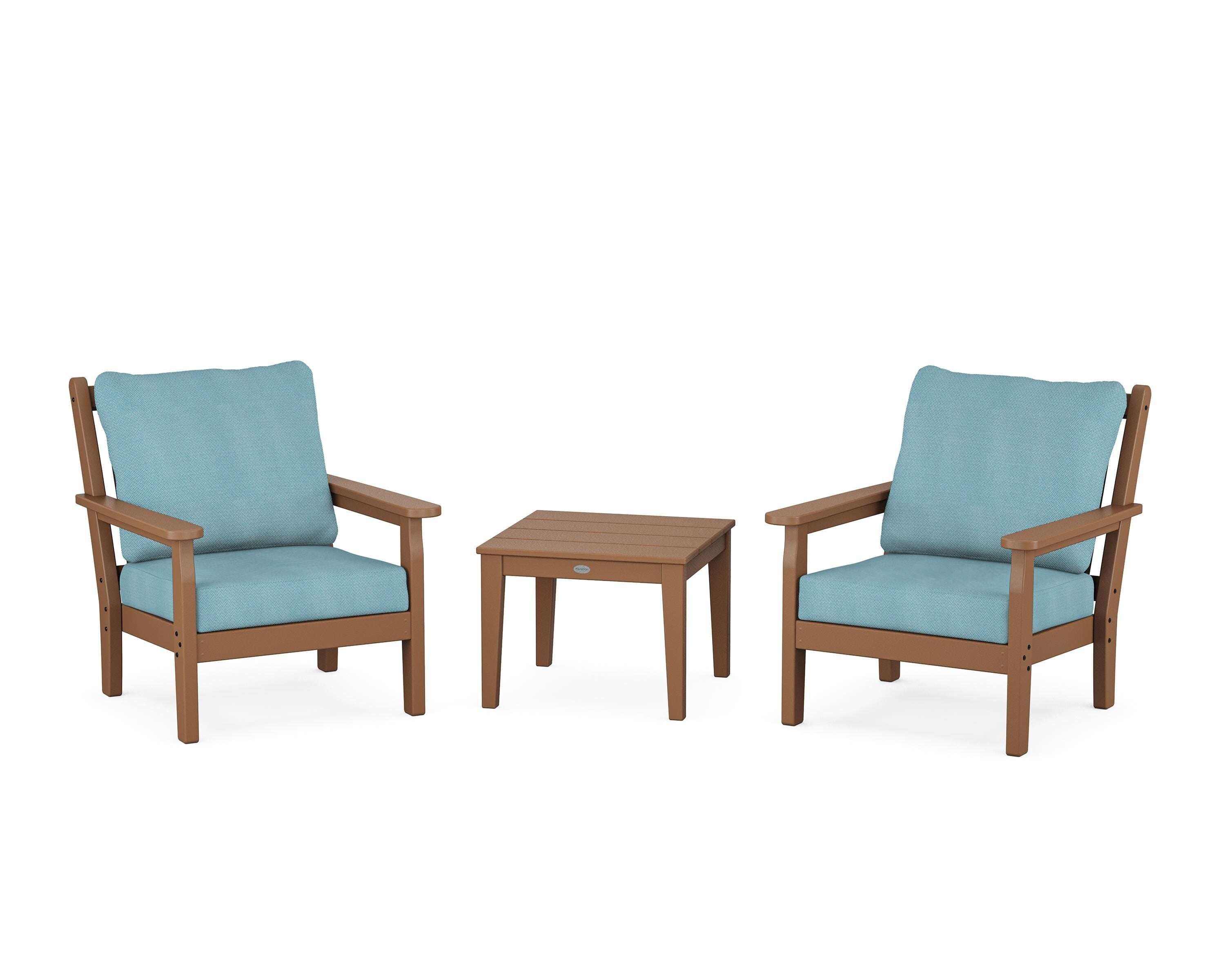 POLYWOOD® Chippendale 3-Piece Deep Seating Set in Teak / Lattice Sky Blue