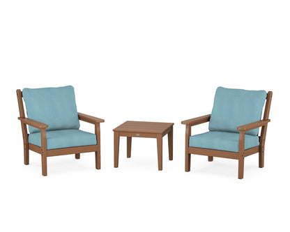 POLYWOOD® Chippendale 3-Piece Deep Seating Set in Teak / Lattice Sky Blue