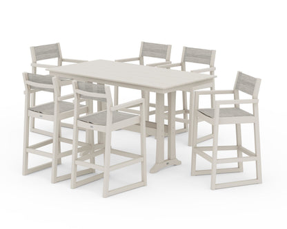 POLYWOOD® EDGE Sling Arm Chair 7-Piece Farmhouse Bar Set with Trestle Legs in Sand / Birch Sling