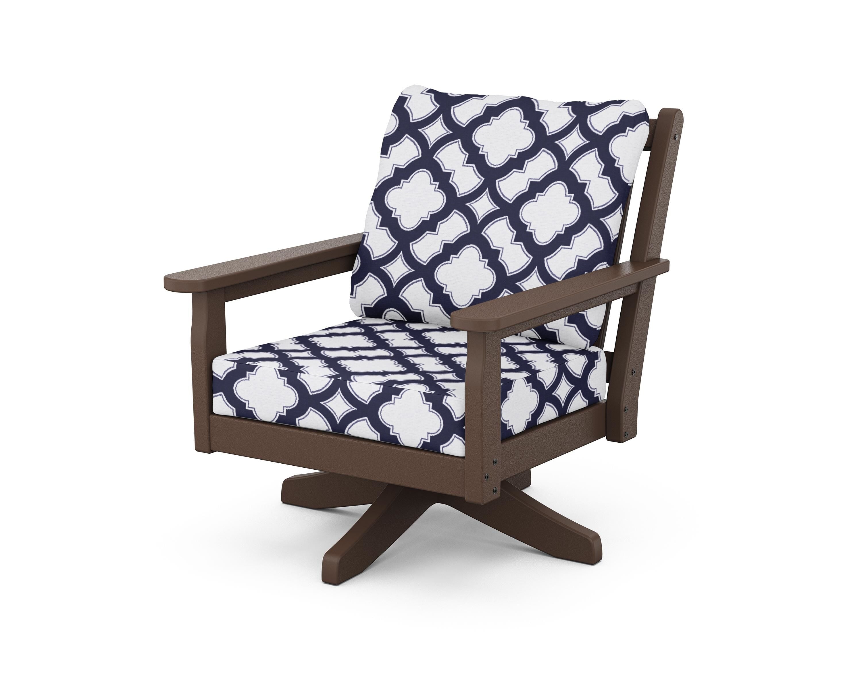 POLYWOOD® Chippendale Deep Seating Swivel Chair in Mahogany / Trellis Navy