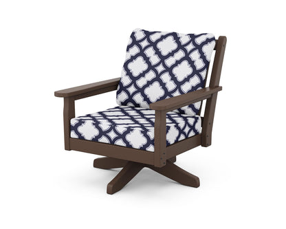 POLYWOOD® Chippendale Deep Seating Swivel Chair in Mahogany / Trellis Navy