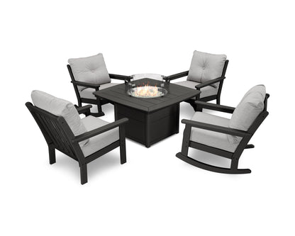 POLYWOOD® Vineyard 5-Piece Deep Seating Rocking Chair Conversation Set with Fire Pit Table in Black / Granite