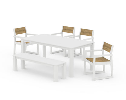 POLYWOOD® EDGE Sling Arm Chair 6-Piece Parsons Dining Set with Bench in White / Burlap Sling