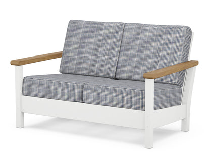 POLYWOOD® Harbour Deep Seating Loveseat in White / Natural / Houndstooth Sky Blue