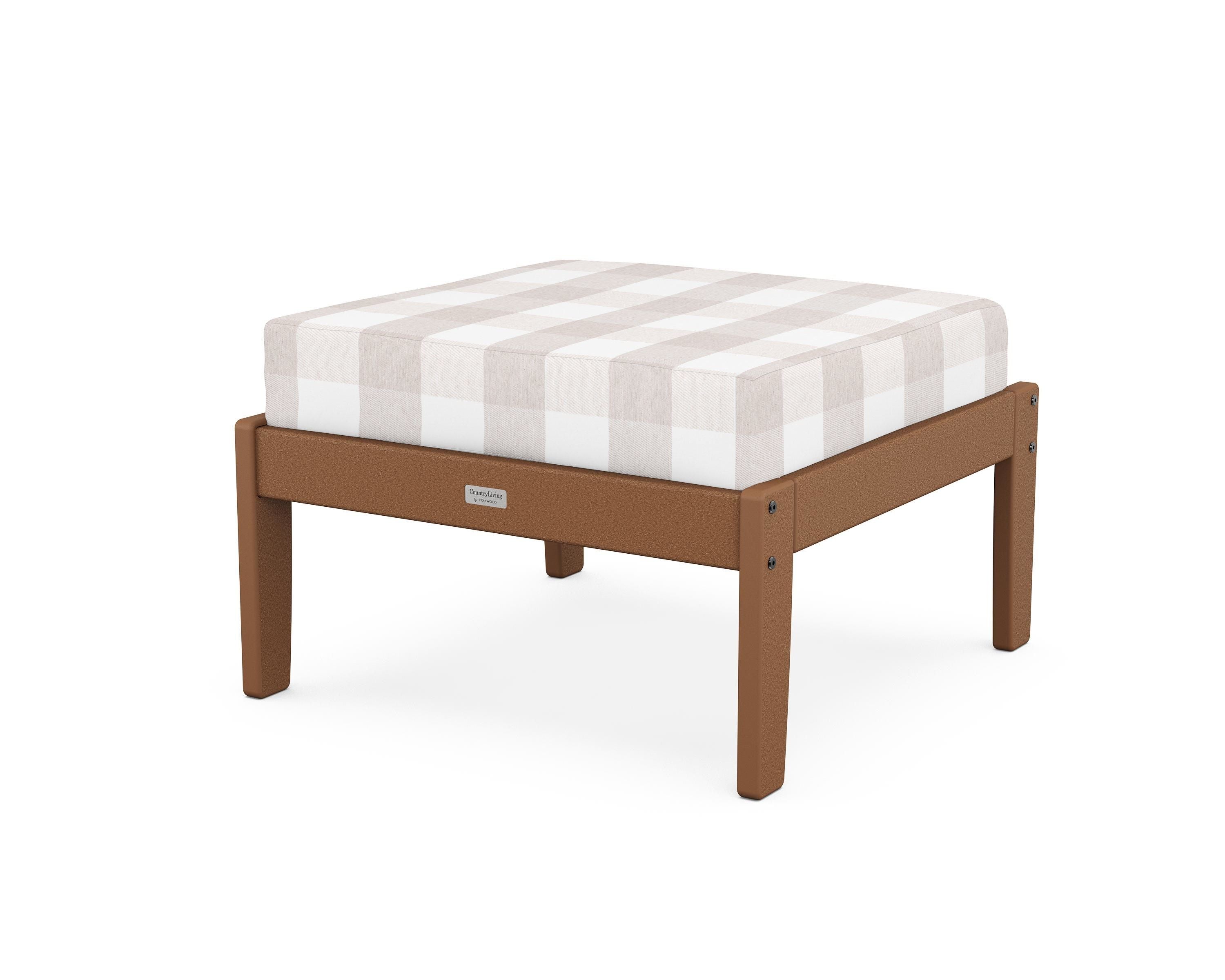 Country Living Cottage Deep Seating Ottoman in Teak / Buffalo Plaid Dune Burlap