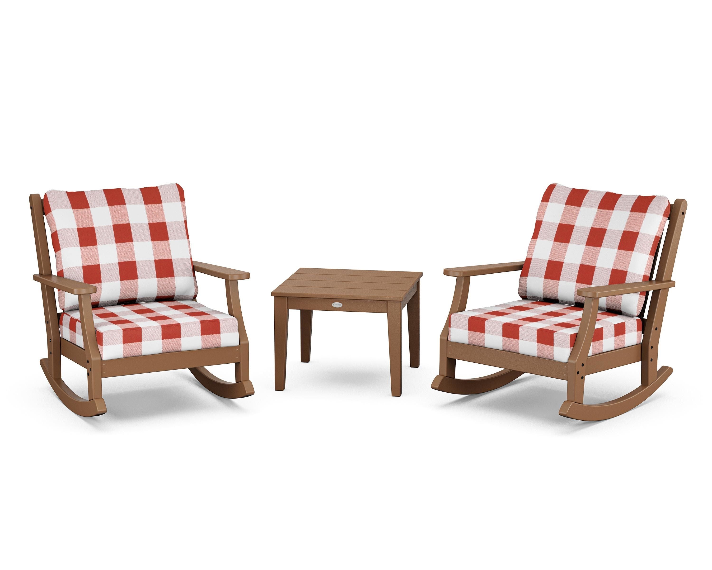 Country Living Wovendale 3-Piece Deep Seating Rocker Set in Teak / Buffalo Plaid Crimson