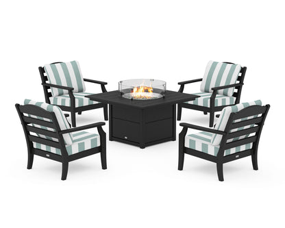 Draper James™ by  POLYWOOD® Savannah 5-Piece Deep Seating Set with Fire Pit Table in Black / Cabana Stripe Glacier Spa