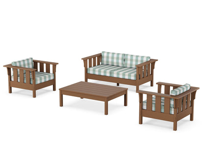 Martha Stewart by POLYWOOD® Acadia 4-Piece Deep Seating Set with Loveseat in Teak / Buffalo Plaid Glacier Spa