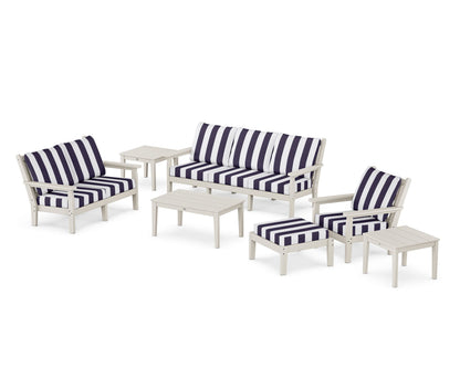 POLYWOOD® Chippendale 7-Piece Deep Seating Set in Sand / Cabana Stripe Navy