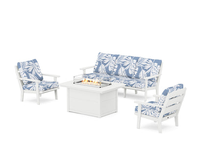 POLYWOOD® Lakeside Deep Seating Fire Pit Table Set in White / Leaf Sky Blue