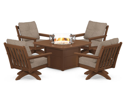 POLYWOOD® Vineyard 5-Piece Deep Seating Swivel Conversation Set with Fire Pit Table in Teak / Spiced Burlap