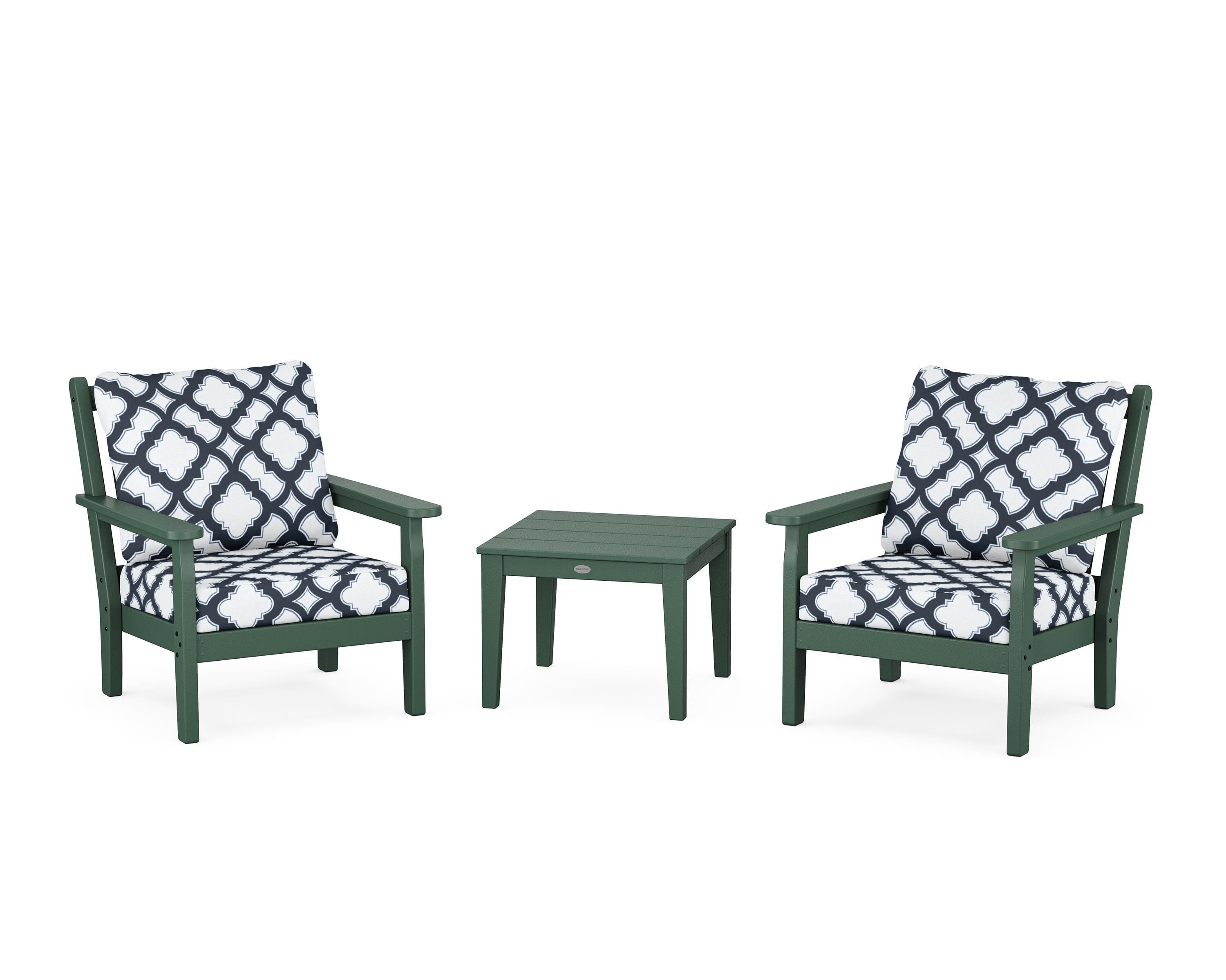 POLYWOOD® Chippendale 3-Piece Deep Seating Set in Green / Trellis Marine Indigo