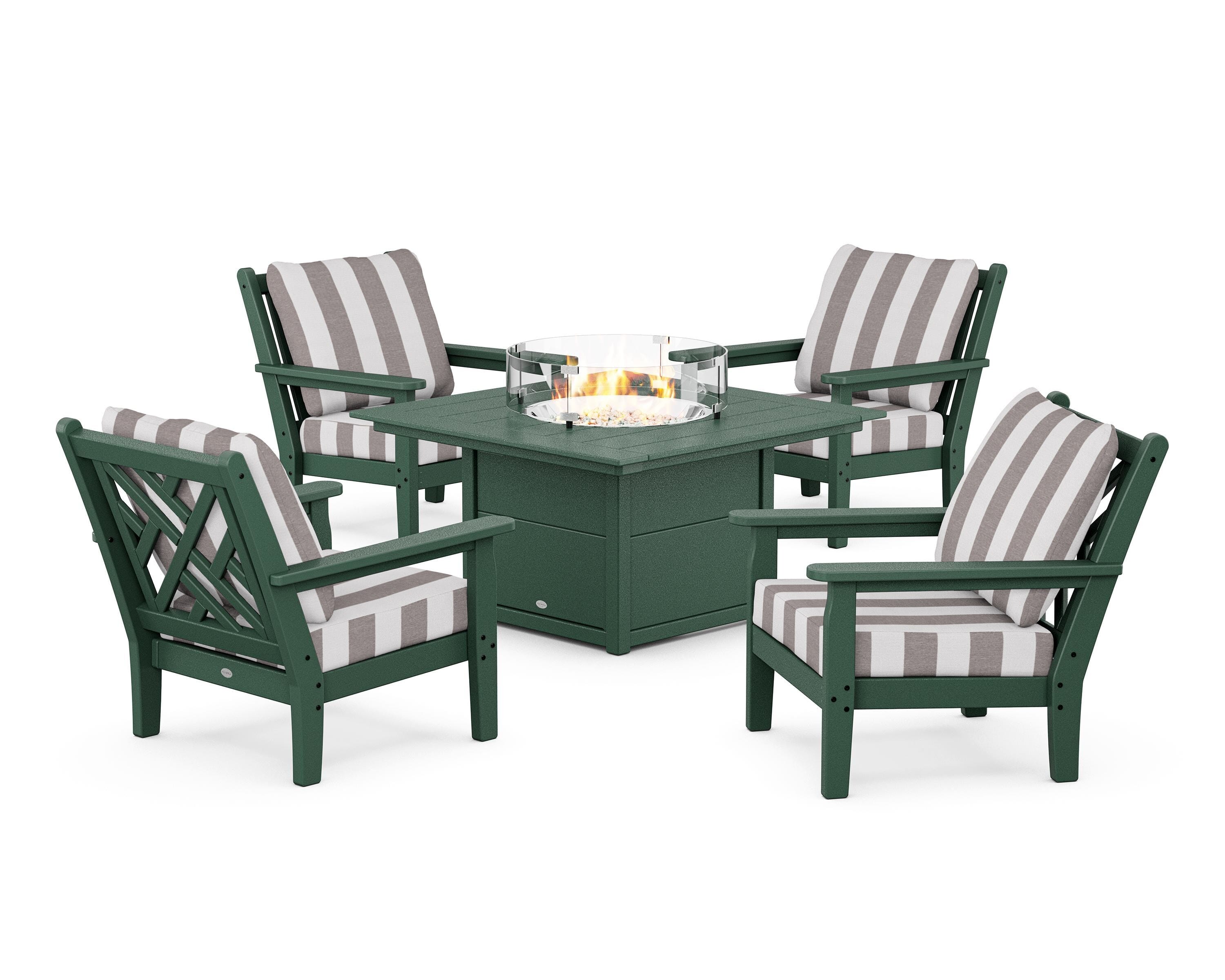 POLYWOOD® Chippendale 5-Piece Deep Seating Set with Fire Pit Table in Green / Cabana Stripe Grey Mist