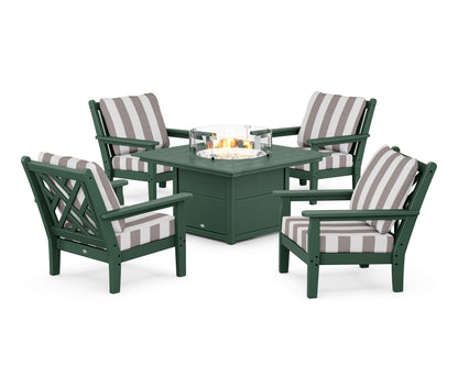 POLYWOOD® Chippendale 5-Piece Deep Seating Set with Fire Pit Table in Green / Cabana Stripe Grey Mist
