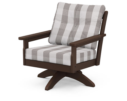 POLYWOOD® Vineyard Deep Seating Swivel Chair in Mahogany / Buffalo Plaid Grey Mist