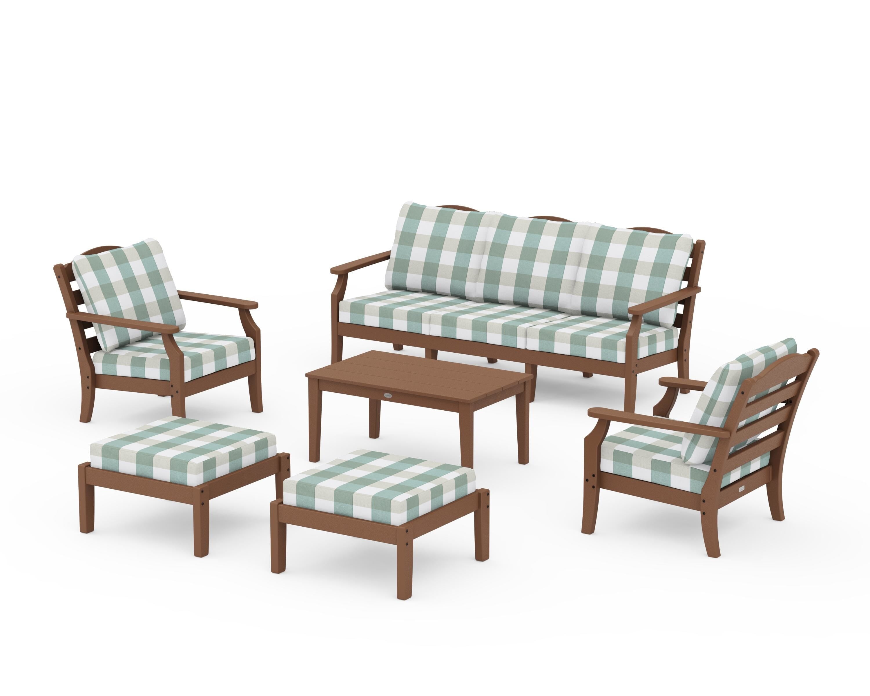 Draper James™ by  POLYWOOD® Savannah 6-Piece Lounge Sofa Set in Teak / Buffalo Plaid Glacier Spa