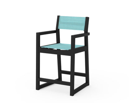 POLYWOOD® EDGE Sling Counter Arm Chair in Black / Dupioni Aquamarine Sling