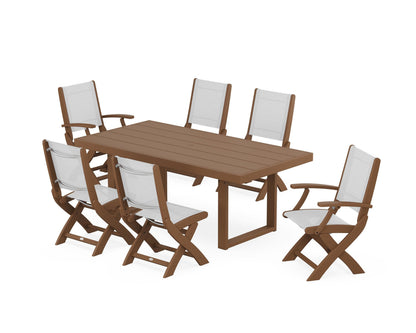 POLYWOOD® Coastal Folding Chair 7-Piece Dining Set with Trestle Legs in Teak / White Sling