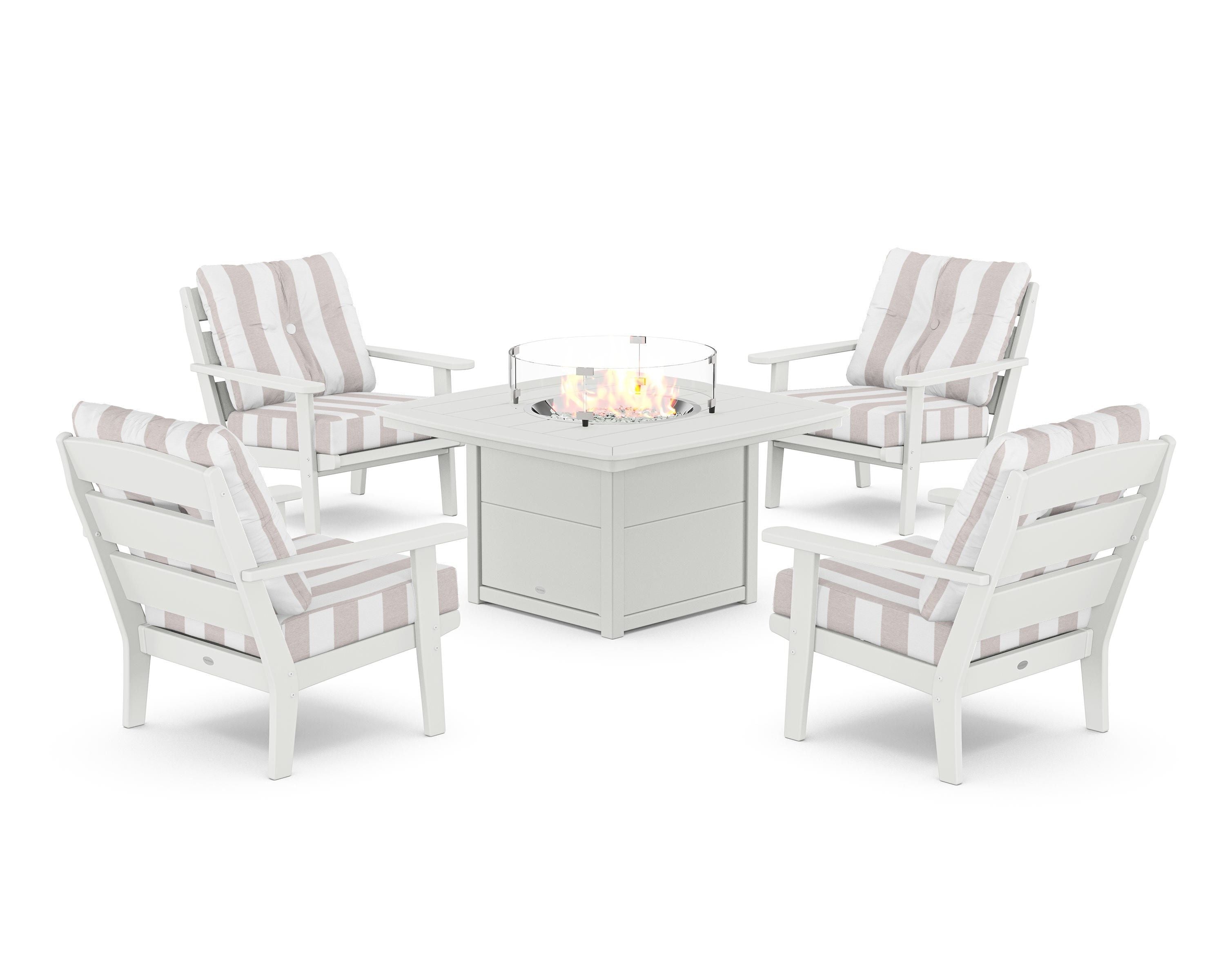 POLYWOOD® Lakeside 5-Piece Deep Seating Set with Nautical Fire Pit Table in White / Cabana Stripe Dune Burlap