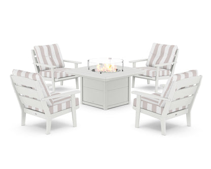 POLYWOOD® Lakeside 5-Piece Deep Seating Set with Nautical Fire Pit Table in White / Cabana Stripe Dune Burlap