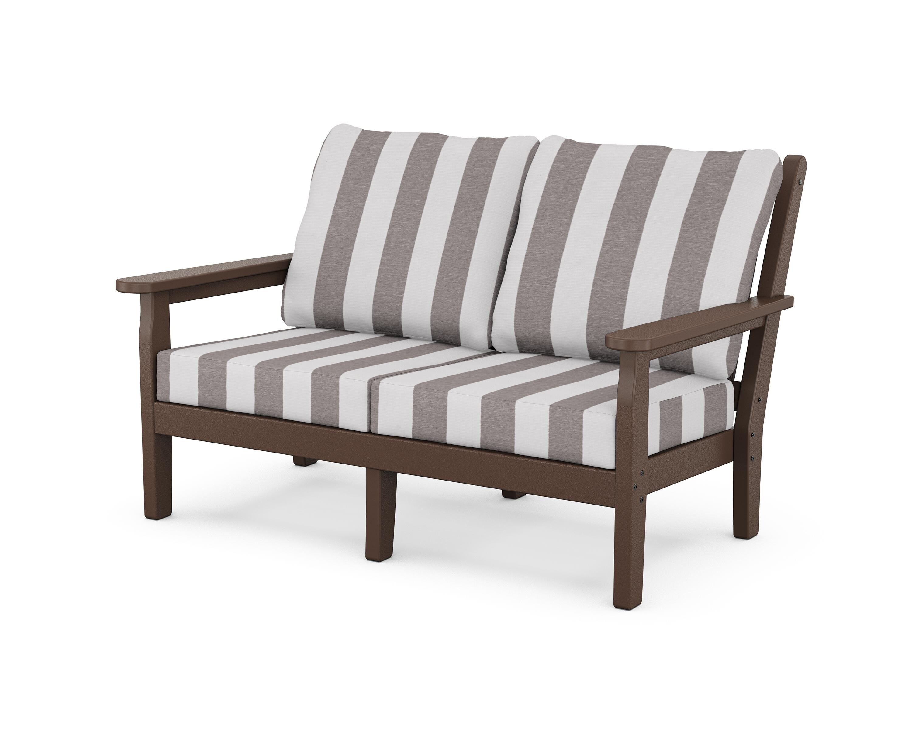 POLYWOOD® Chippendale Deep Seating Loveseat in Mahogany / Cabana Stripe Grey Mist
