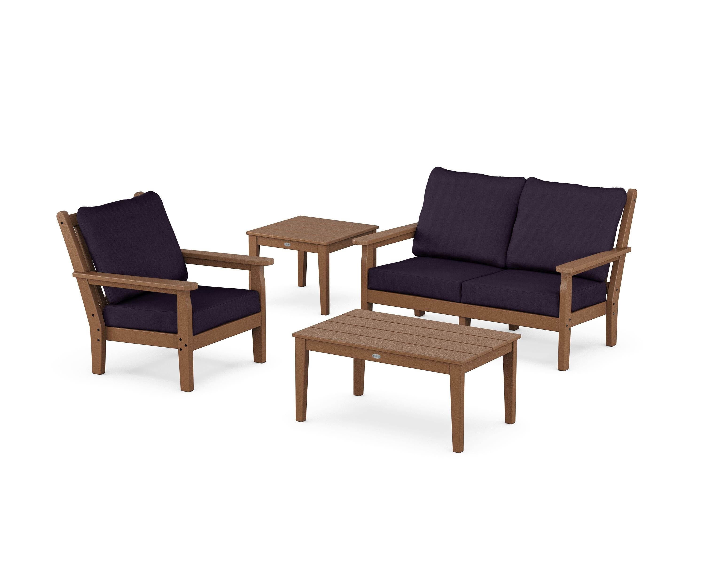 POLYWOOD® Chippendale 4-Piece Deep Seating Set in Teak / Navy Linen