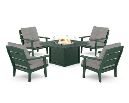 POLYWOOD® Lakeside 5-Piece Deep Seating Set with Nautical Fire Pit Table in Green / Grey Mist