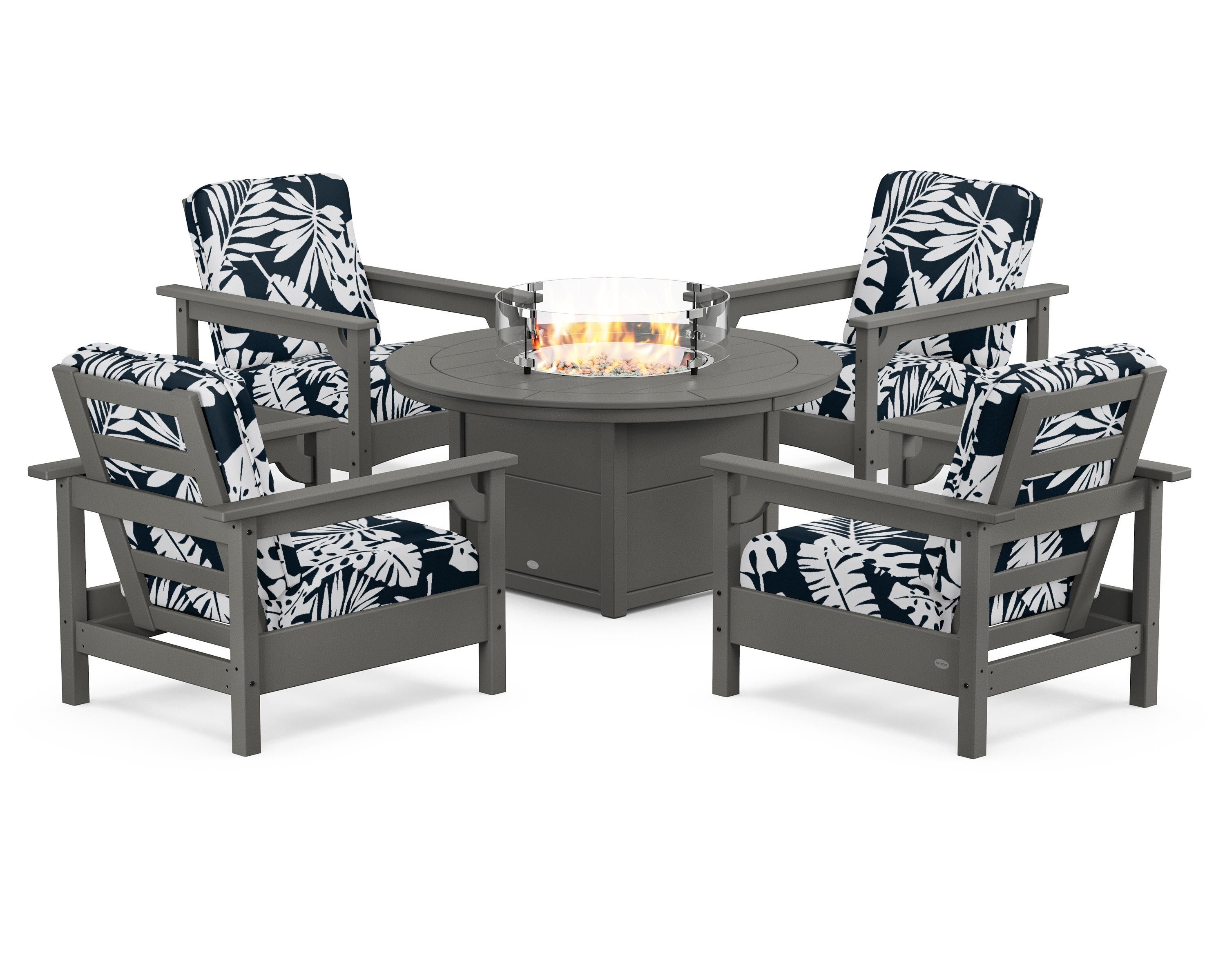POLYWOOD® Club 5-Piece Conversation Set with Fire Pit Table in Slate Grey / Leaf Marine Indigo