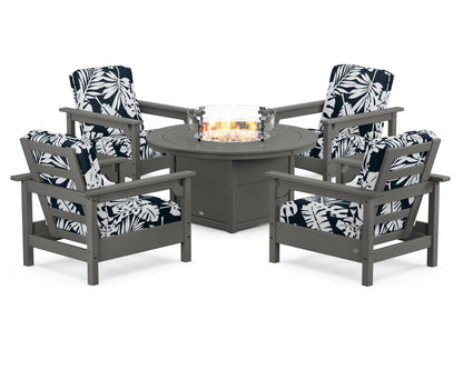 POLYWOOD® Club 5-Piece Conversation Set with Fire Pit Table in Slate Grey / Leaf Marine Indigo