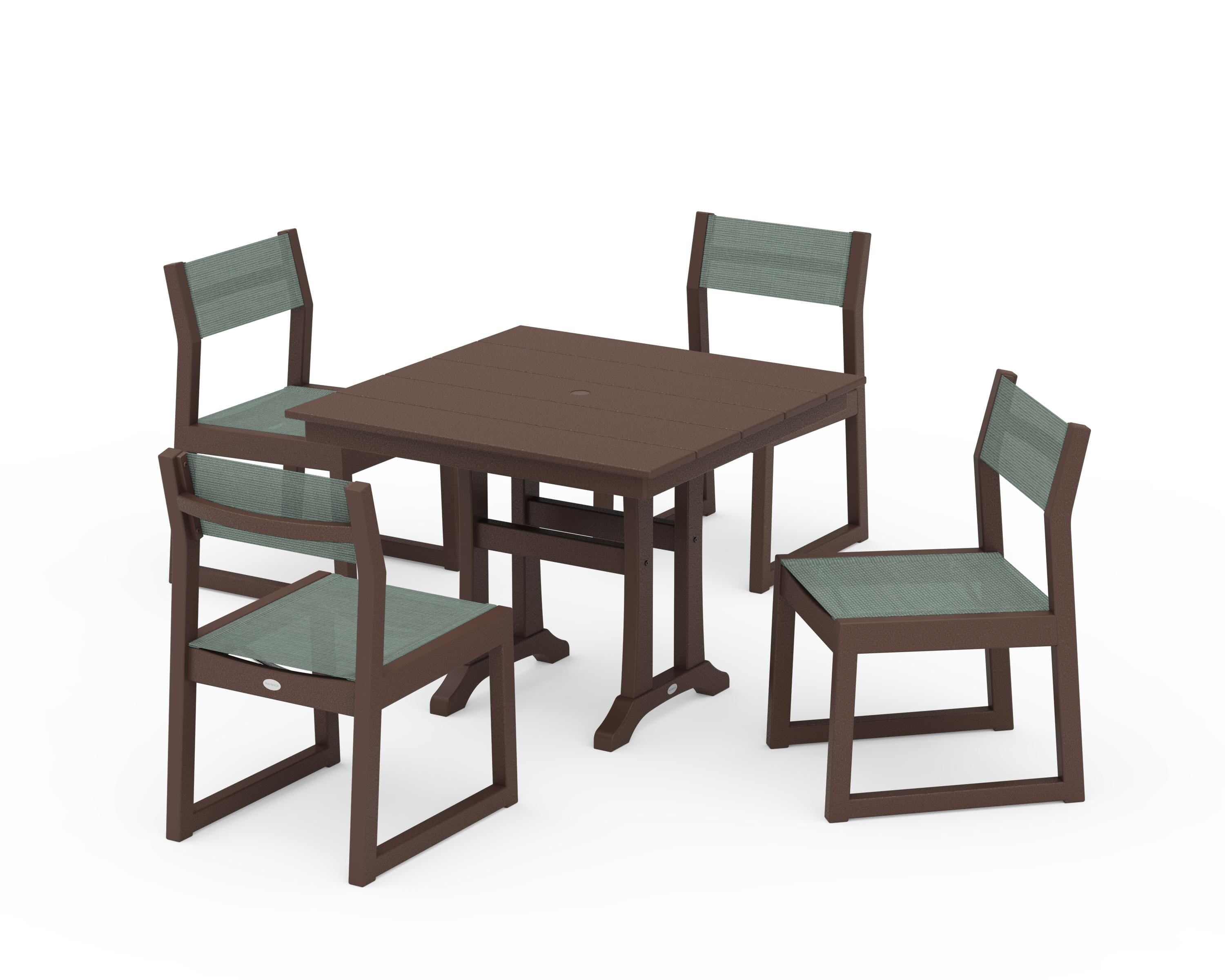 POLYWOOD® EDGE Sling 5-Piece Farmhouse Trestle Side Chair Dining Set in Mahogany / Dupioni Sea Mist Sling