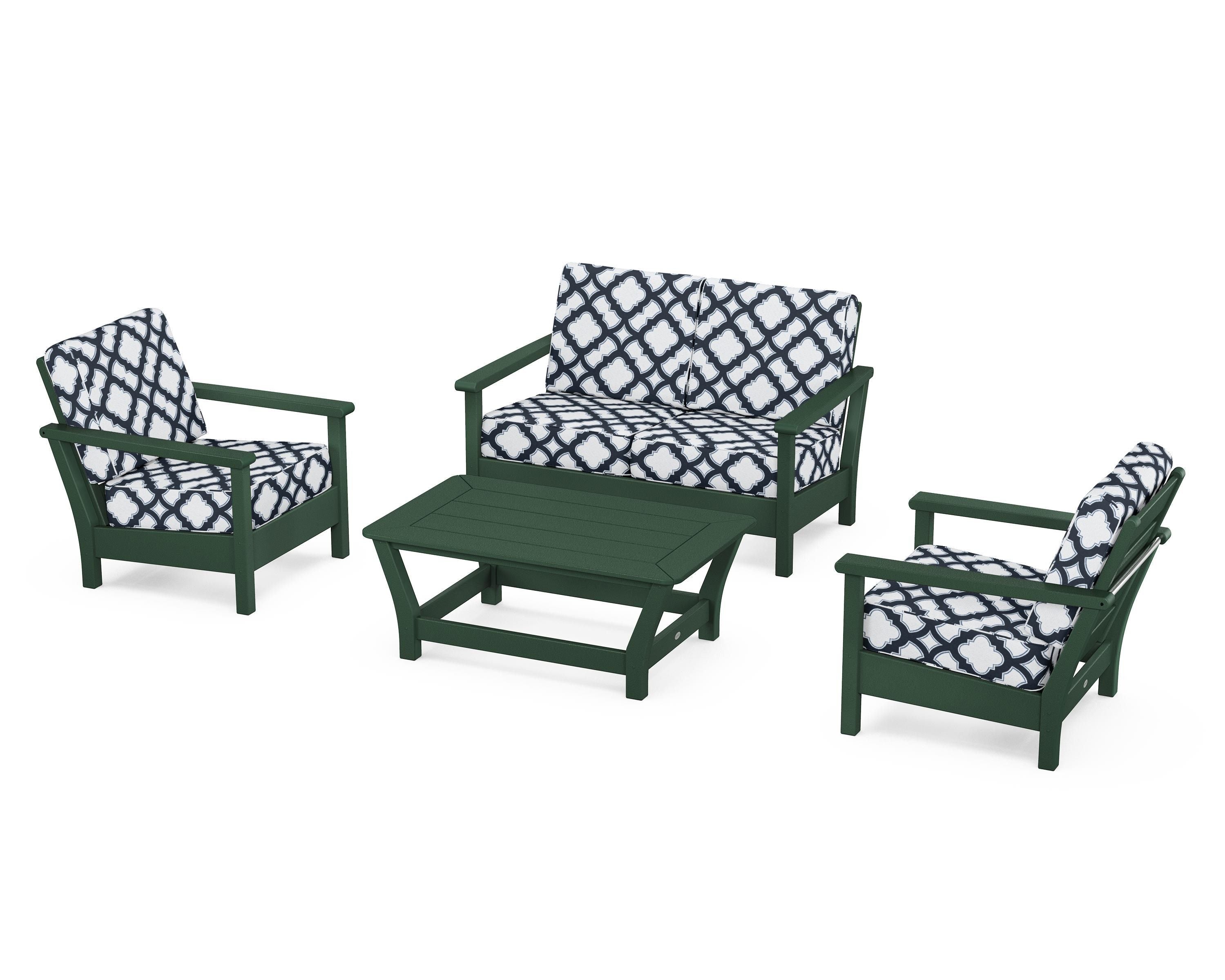 POLYWOOD® Harbour 4-Piece Deep Seating Set in Green / Trellis Marine Indigo