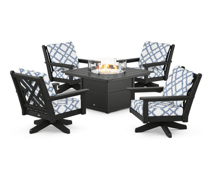 POLYWOOD® Chippendale 5-Piece Deep Seating Swivel Conversation Set with Fire Pit Table in Black / Trellis Sky Blue