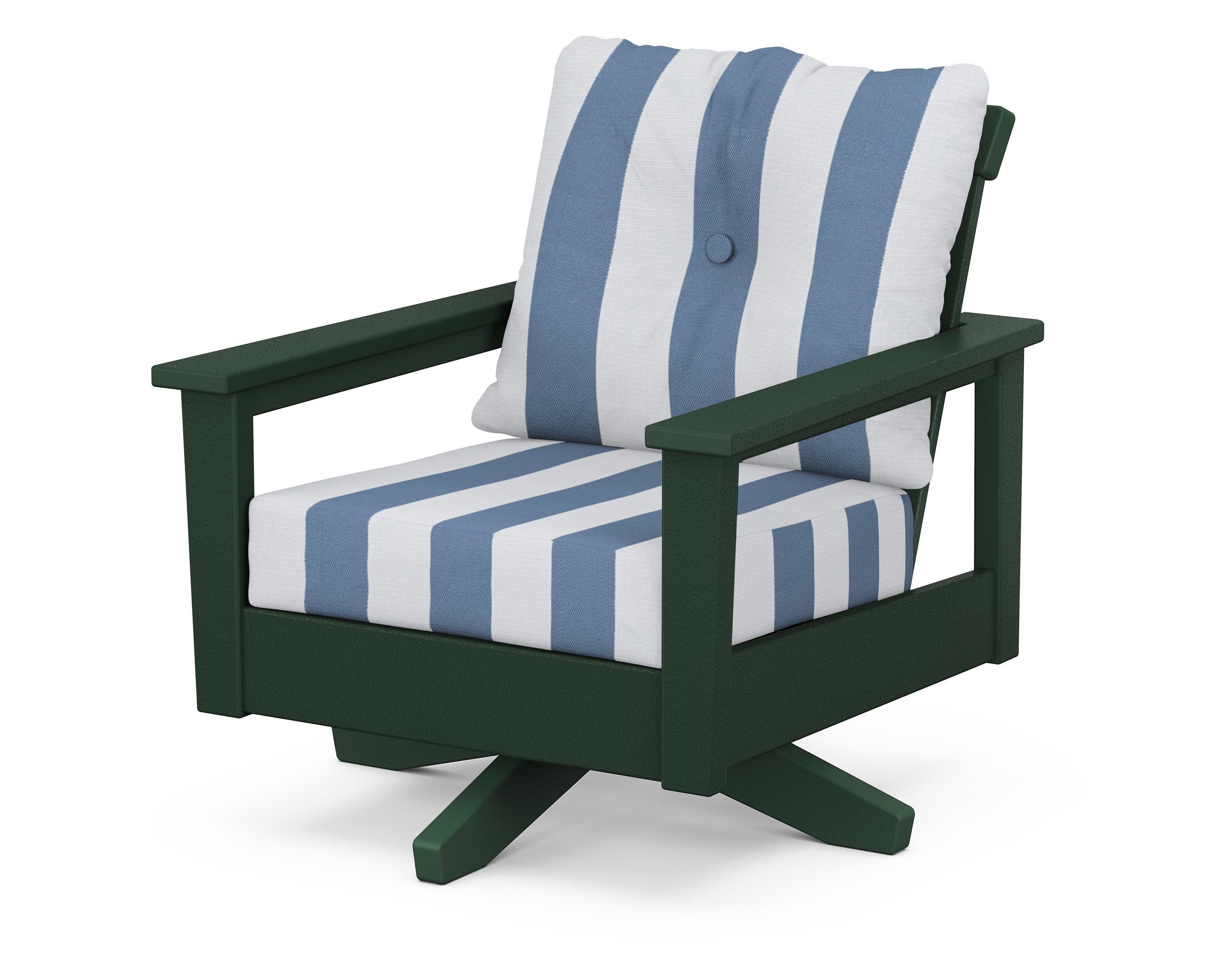 POLYWOOD® Prescott Deep Seating Swivel Chair in Green / Cabana Stripe Sky Blue