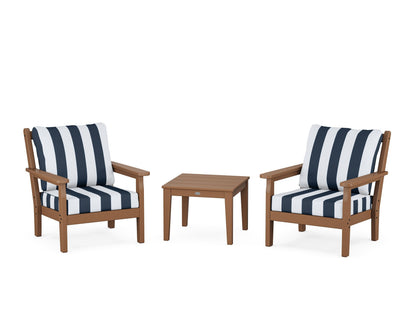 POLYWOOD® Chippendale 3-Piece Deep Seating Set in Teak / Cabana Stripe Marine Indigo