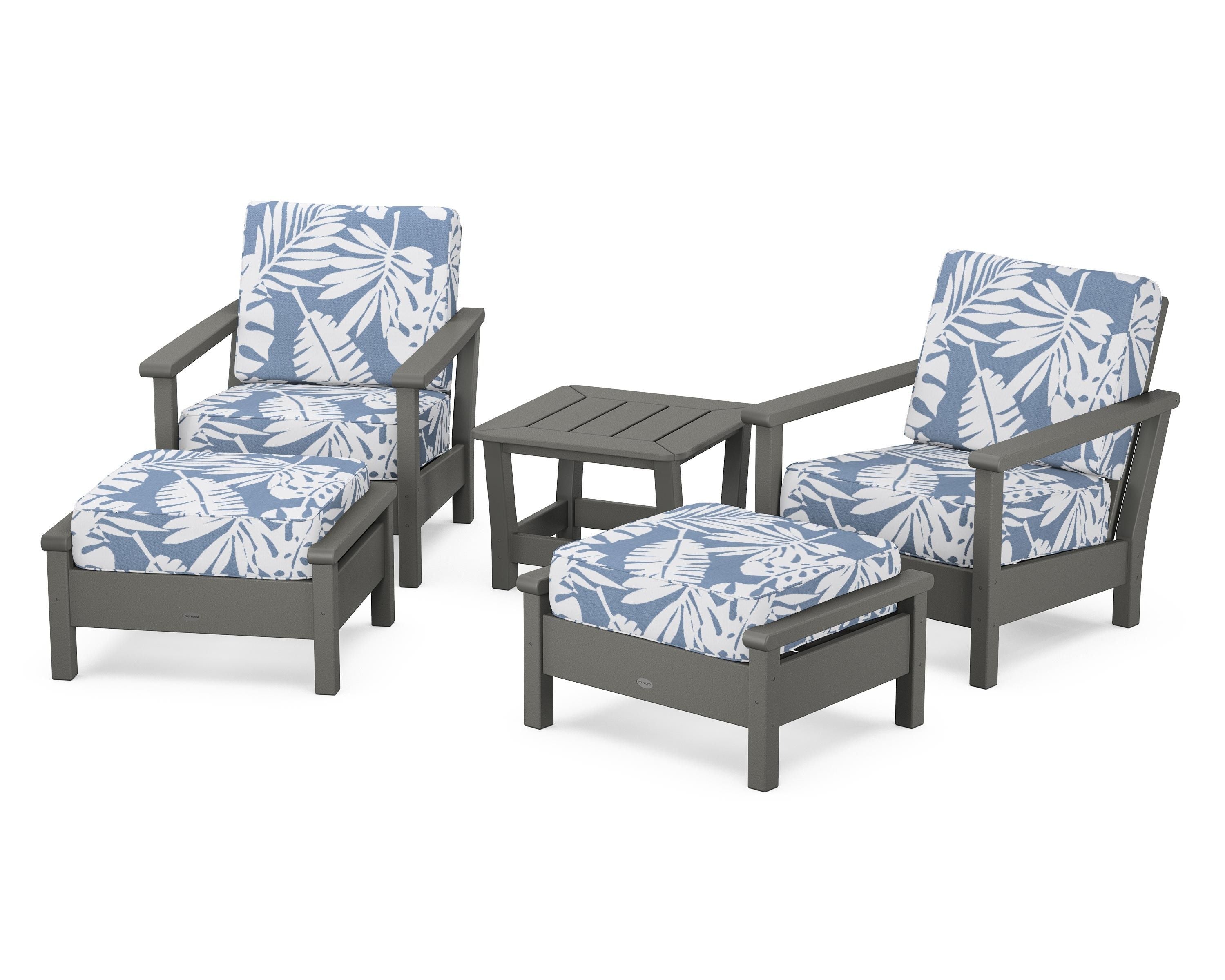 POLYWOOD® Harbour 5-Piece Deep Seating Chair Set in Slate Grey / Leaf Sky Blue