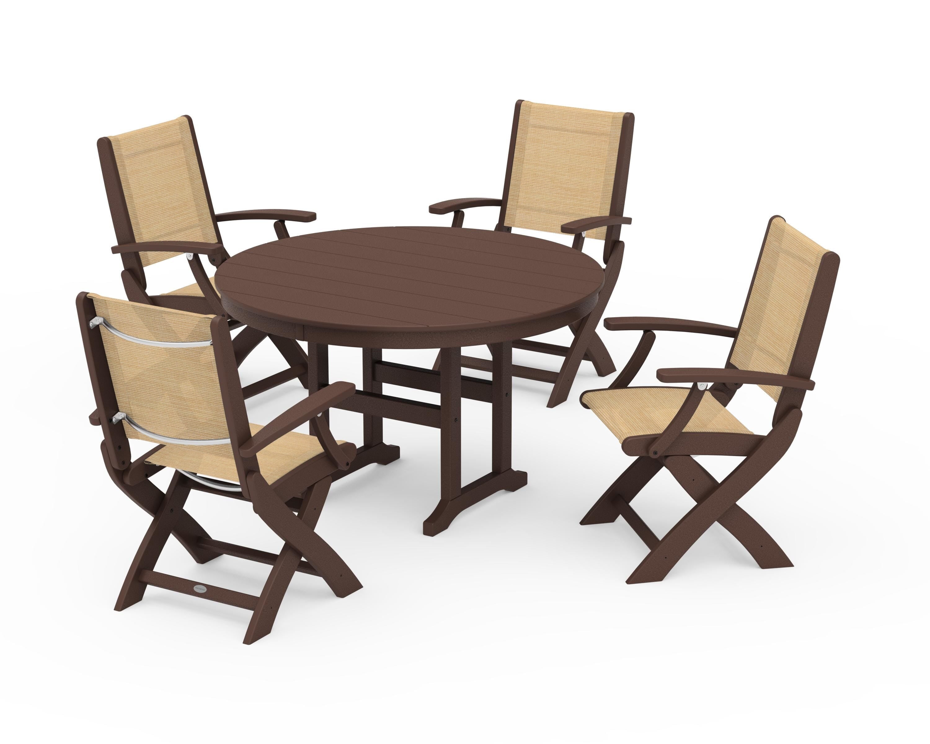 POLYWOOD® Coastal Folding Chair 5-Piece Round Dining Set in Mahogany / Dupioni Apricot Sling